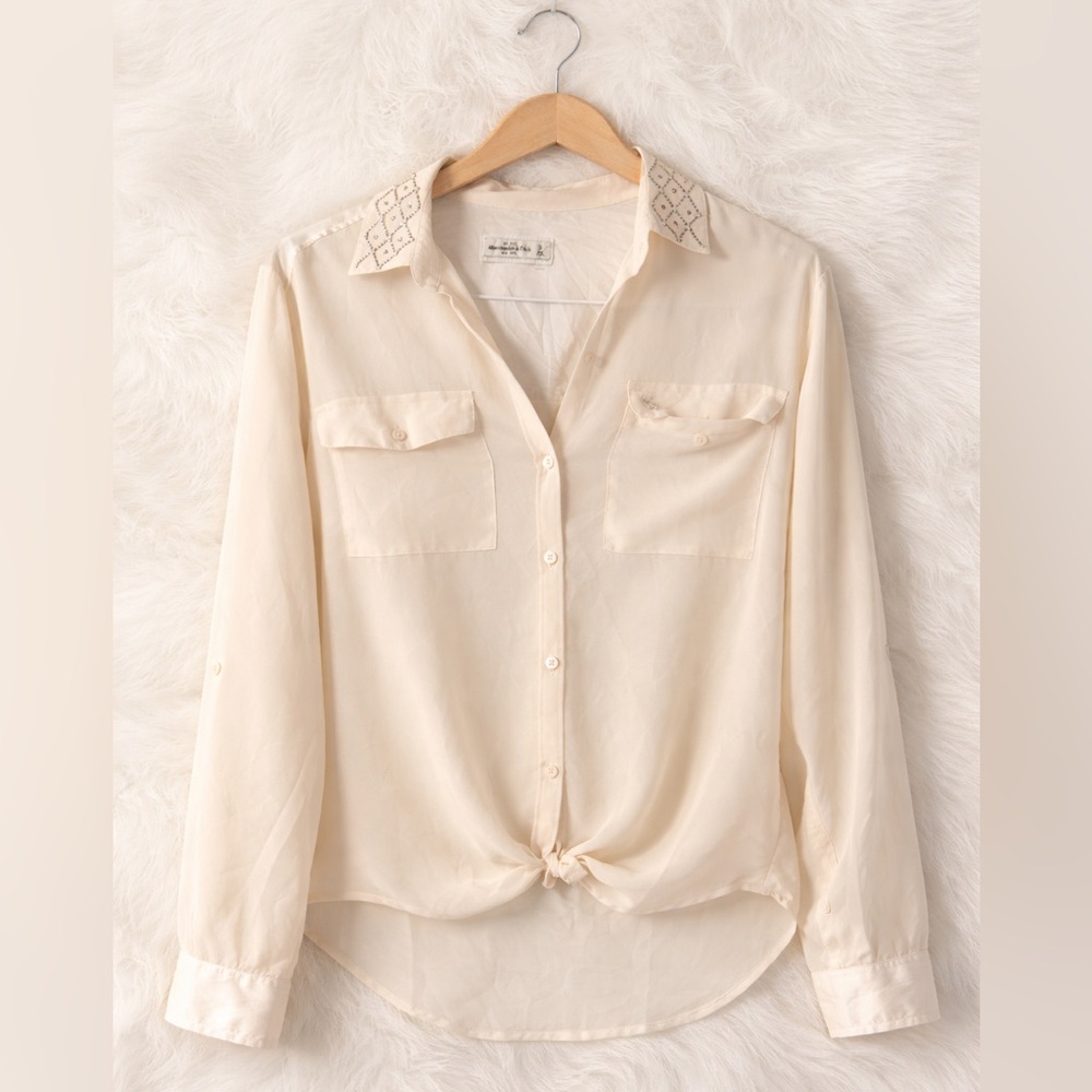 Abercrombie & Fitch Cream Sheer Button Front Blouse Long Sleeve Satin Medium